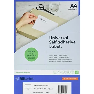 Image of Rillprint Self Adhesive Labels Stickers 400 105 x 48 mm 4 Printable Per A4 Sheet Multipurpose White Address, Sticky Label for Inkjet &amp; Laser Printer