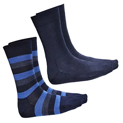 Image of vitsocks Men&#039;s MERINO Wool Everyday Fine Soft Warm Socks (2 PAIRS) Striped &amp; Plain Pack, blue navy, 6 7.5