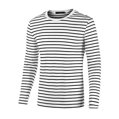 Image of sourcing map Men&#039;s Striped T Shirt Crew Neck Long Sleeve Casual Cotton Pullover Tee Top Black and White M