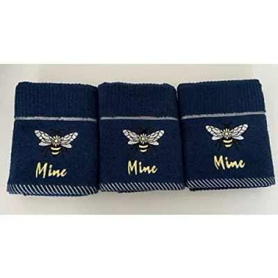Image of Riggs 100% Cotton 3 Pack &#039;Bee Mine&#039; Bee Design Kitchen Hand Tea Towels in Navy Blue