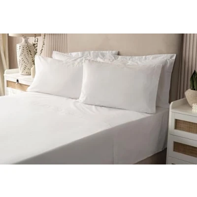 Image of Belledorm White Fitted Sheet + Housewife Pillowcase Bundle Set, 200 Thread Count Percale, Mattress Depth 28cm (Double, White)