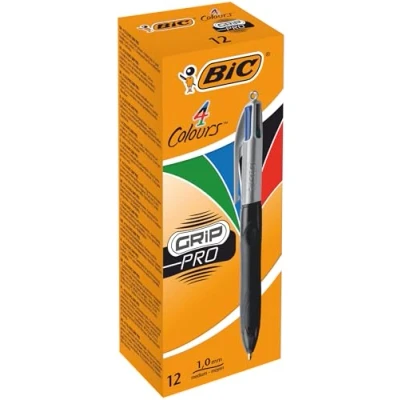 Image of BIC 4 Colours Grip Pro Retractable Medium Point (1.0 mm) Ballpoint Pens, 12 Pens And Each Pen Contains
