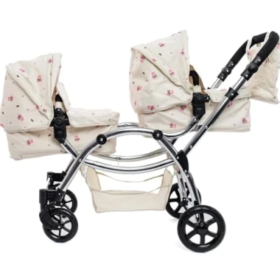Image of Roma Darcie Twin Dolls Pram in Cream, Suitable from 3 to 16 Years, Adjustable Handle Height, Combinations, Double Dolly Toy Stroller for Christmas, Ideal Reborn
