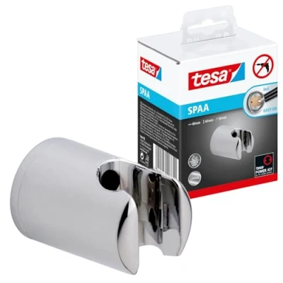 Image of tesa UK Spaa shower head holder, chromed plastic, self adhesive, adhesive mounting technology, Clear, 6.5 x 7 8.5 cm, (40343 00000 00)