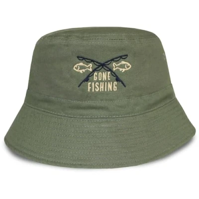 Image of TeddyT&#039;s Men&#039;s Gone Fishing Khaki Green Cotton Bucket Hat (Small/Medium)