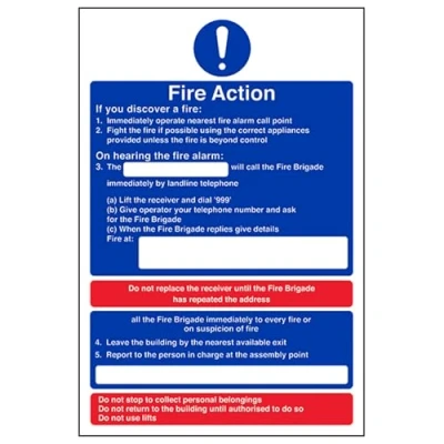 Image of V Safety 12008AN S General Fire Action Suspisious Sign Portrait 150mm x 200mm Self Adhesive Vinyl, Blue/Red