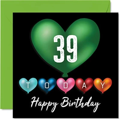 Image of Fun 39th Birthday Cards for Men Woman Heart Balloons Happy Card Dad Mum Son Daughter Brother Sister Uncle Auntie Cousin, 145mm x Greeting