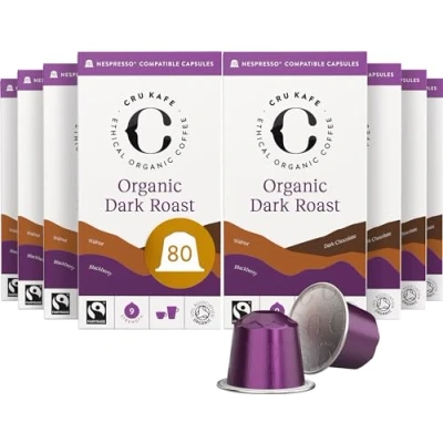 Image of Cru Kafe Organic Bold Dark Roast Arabica Espresso Single Serve Coffee Pods (80 Pods) Compatible with Nespresso Original Line