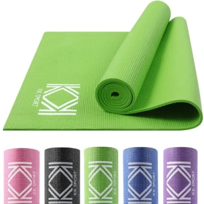Image of KK 6mm Thick Yoga Mats PVC Fitness Mat Non Slip 180 x 60 cm Exercise Gym Perfect for Pilates, Stretching, Gymnastics &amp; Camping Compact Lightweight With Carry Bag (GREEN)