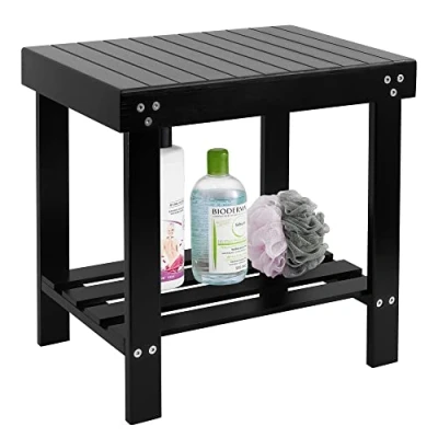 Image of VaeFae Bamboo Spa Bench Wood Seat Stool Foot Rest Shaving with Non Slip Feets Storage Shelf for Shampoo Towel,Works in Bathroom/Living Room/Bedroom/Garden Leisure (Black)