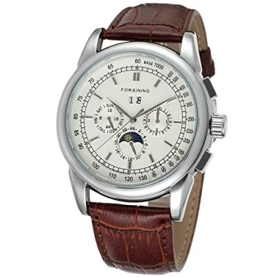 Image of Forsining Men&#039;s Automatic Movement Moon Phase Display Luxury Leather Wrist Watch FSG319M3S2