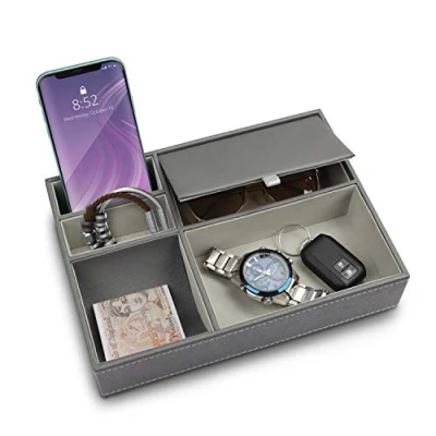 Image of BELLE VOUS Grey Faux Leather 5 Compartment Valet Dresser/Nightstand Organiser Tray Desk Storage Box for Wallet, Phone, Keys, Jewellery, Men&#039;s Accessories, Money, Cufflinks Catchall Bedside