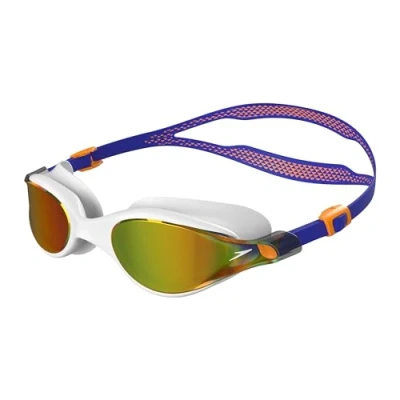 Image of Speedo Unisex V Class Vue Swimming Goggles Swim Eyewear, White/True Cobalt/Maderin Peel/Smoke, One Size