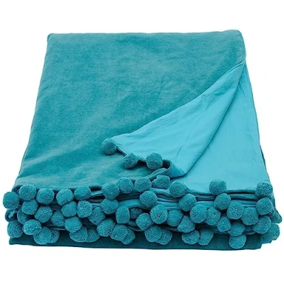 Image of Ragged Rose 140 cm x 180 Throw Blanket Pom Made of Cotton Velvet with Pompom Trims on Sides Versatile for Sofa &amp; Bed