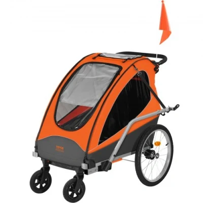 Image of VEVOR Bike Trailer for Toddlers, Kids, Double Seat, 120 lbs Load, 2 In 1 Canopy Carrier Converts to Stroller, Tow Behind Foldable Child Bicycle with Universal Coupler, Orange and Gray