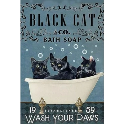 Image of Bioprocess Vintage Black Cat Co Bath Soap Wash Your Paws Poster Art Print Decor Home Wall Metal Sign 8x12 inches