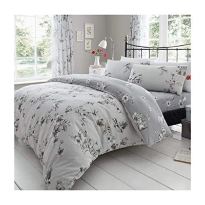 Image of FAIRWAYUK Double Duvet Covers Set, Printed Bedding Reversible Quilt Cover With Pillow Case, Poly Cotton, Easy Care, Birdie Blossom Grey