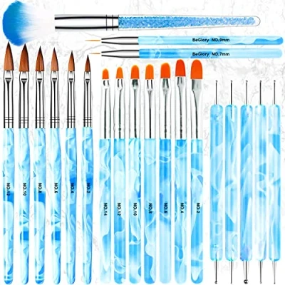Image of 21PCS Acrylic Nail Brush Set, Drawing Pen Brushes for UV Gel Art Tips Builder Poly Extension Dotting Carving Painting Flower Home Salon DIY (Blue)