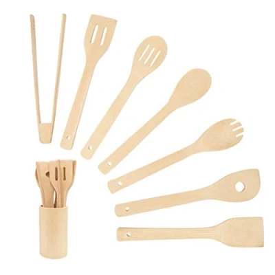 Image of 8 Pieces Bamboo Kitchen Cooking Utensils Set,Nonstick Cookware with Holder Includes Spoon Spatula Turner Fork Tongs,Easy to Clean