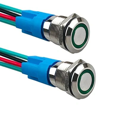 Image of Aiqeer 2 Pcs 12 mm Momentary Push Button Switch, 12V / 24V 3A Car Ignition Starter IP66 Waterproof Stainless Steel with Pre Wired Socket (Green LED)