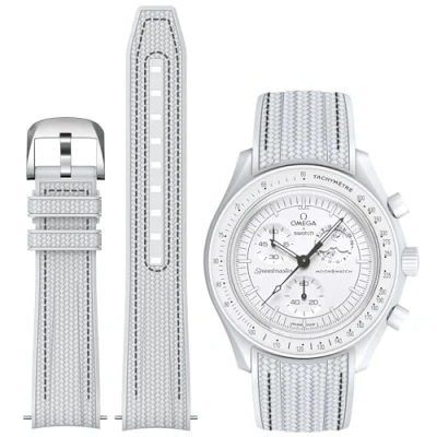 Image of REBANDACE Strap for Moonswatch Watch,Lengthening No Gap Silicone Establishment Pattern Omega X Swatch Watch 20mm,Stitch Curved Men Women (White black line)