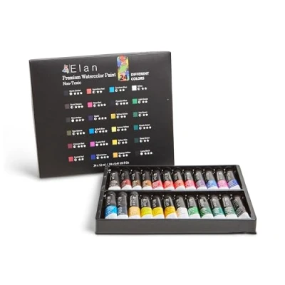Image of Elan Professional Watercolour Paint Set, 24 Liquid Tubes 12ml, Artist Set for Adults, Non Toxic, Paint, Watercolours