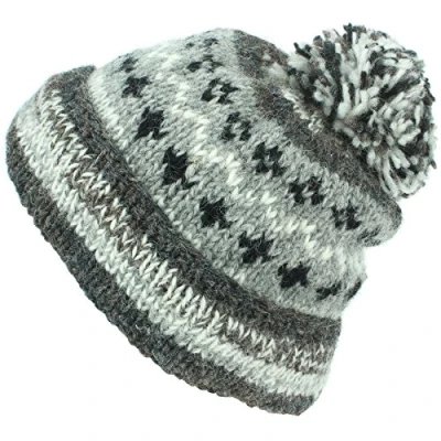 Image of LOUDelephant Chunky Wool Knit Abstract Pattern Beanie Bobble Hat Grey
