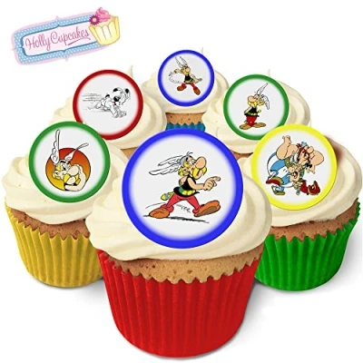 Image of Holly Cupcakes 24pcs CAKE_TOPPER Asterix Pre Cut Edible Wafer 45mm Diameter Sugar Free Vegetarian UK Made