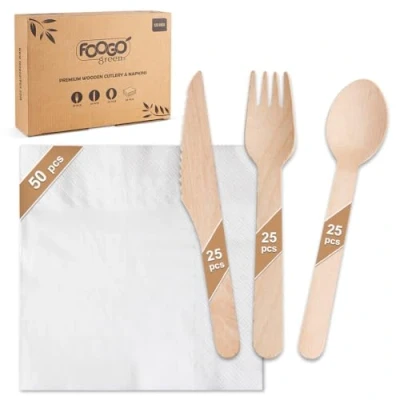 Image of FOOGO Green 125pcs Disposable Wooden Cutlery and White Napkins, FSC® Certified, 25x Forks, Knives, Spoons, 50x 2 Ply Strong Paper Serviettes, Eco Friendly Set