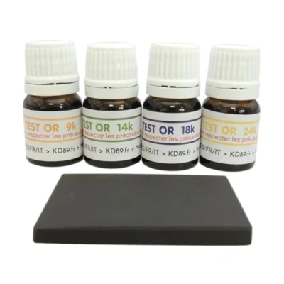 Image of KD89 Set of 4 Gold Testing Reagents / Solutions 9 14 18 24 Carat with Natural Touchstone and Multi Language Instructions Expertise for Jewellery, Coins, Bullion 2 ml