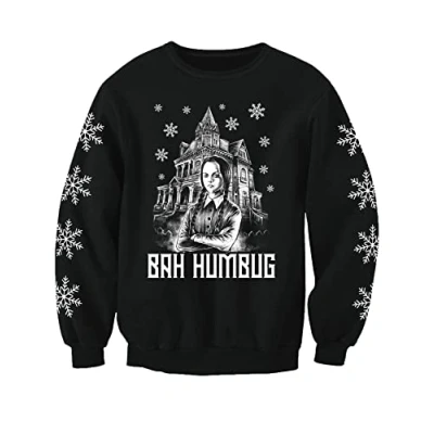 Image of Wednesday Inspired Adults Christmas Jumper Addams Horror Printed Sweatshirt (Small) Black