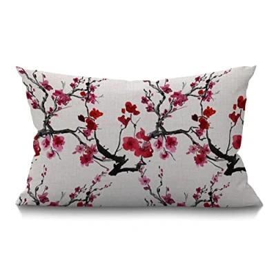 Image of BGBDEIA Cherry Cushion Cover Farmhouse Japanese Blossom Decorations Pillow Case for Sofa Couch Cotton Linen 30 x 50 cm 12x20 Inches