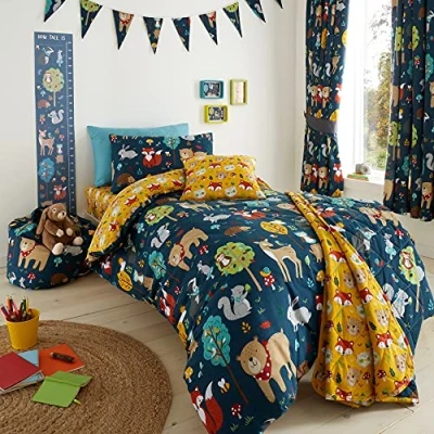 Image of Happy Linen Company Girls Boys Kids Woodland Friends Animals Navy Blue Single Reversible Duvet Cover Bedding Set
