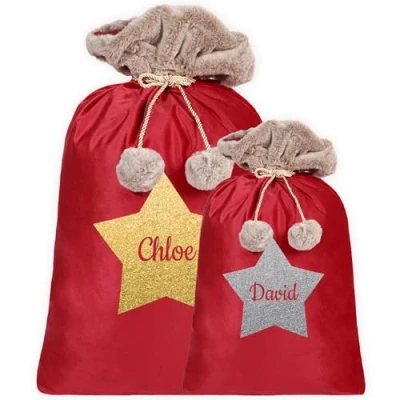 Image of Print Maniacs Personalised Velvet Santa Stocking Sack with Luxury Fur Trim Large Bag for Pet and Kids, Ideal Holiday Decor Gifts