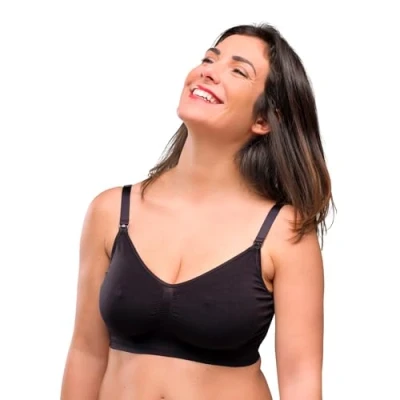 Image of Carriwell Women Seamless Nursing Bra, Flexible Maternity Wide Elastic Band For Better Hold, Non Iron, With Bra Extension[Black][Small]
