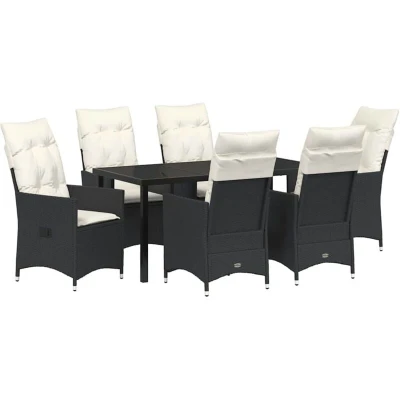 Image of vidaXL 7 Piece Garden Dining Set with Cushions Black Poly Rattan