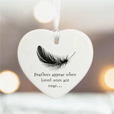 Image of Luck and Personalised Porcelain Hanging Heart Ornament, Feathers Appear Words, Thinking Of You Keepsake, Condolence Gift For Family Friends