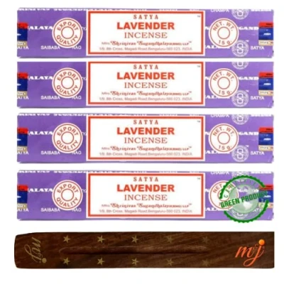 Image of Original Satya Nag Champa Lavender incense sticks with M&amp;J holder x4 pack for Aromatherapy, Spa, Yoga, Weddings, Meditation, Healing, Positivity and Relaxation
