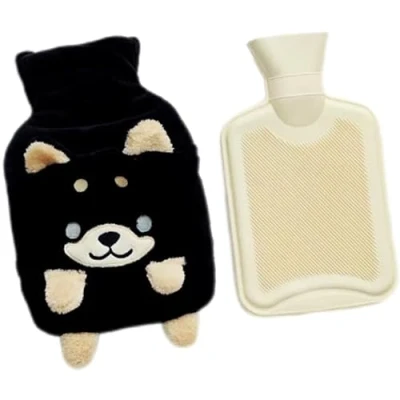 Image of lulalula Hot Water Bottle 1 Litre Bag with Novelty Plush Super Soft Shiba Inu Cover Premium Natural Rubber, Provide Warmth Safety and Comfort (Black)