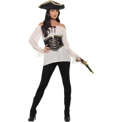 Image of Smiffys Deluxe Pirate Shirt, Ladies, Ivory with Lace Up Waist Cincher, Fancy Dress, Dress Accessories