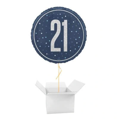 Image of Navy Blue Glitz Age 21 Holographic Round Foil Helium Balloon Inflated in a Box