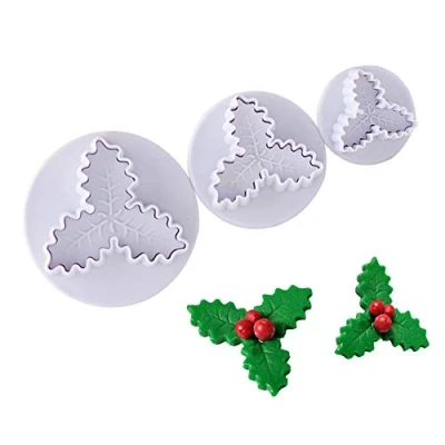 Image of 3 Pieces Christmas Holly Leaf Plunger Cutter,Holly Leaves Fondant Mold Cookie Cutter Party Cake Cupcake Decorating Tools for Kitchen Baking Dessert