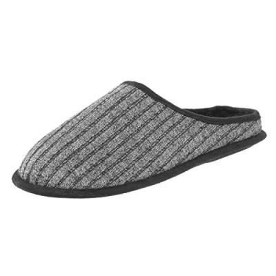 Image of E G O Mens Slippers Mule Style Grey Ribbed Knitted Upper Soft Black Fleece Lining Non Slip Hard Sole 9 UK