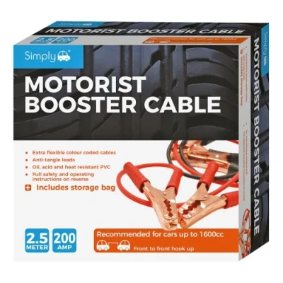 Image of Simply SM200B Boxed Motorist Jump leads Booster Cable 200AMP 2.5M Long Anti tangle Oil acid and heat resistant PVC Fully Insulated Metal Clips Operating Instructions
