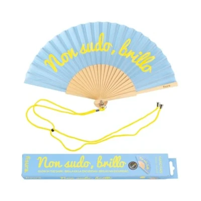 Image of Fisura Original handheld folding Fan with the message in Italian and German wooden fan. holding Hand Fans. hanger included (Non sudo, blue)