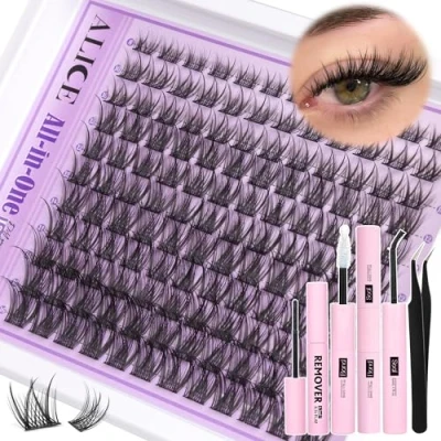 Image of Wispy Lash Clusters Kit Natural Extensions DIY Cluster Eyelash C Curl 8 16mm Individual Lashes with Remover Bond and Seal Soft Thin Band by ALICE