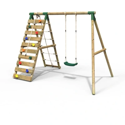 Image of Rebo® Wooden Swing Set with Up and Over Climbing Wall Aria Green OutdoorToys Colourful Rocks, Sturdy Construction, Pressure Treated Timber