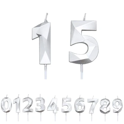 Image of FUZVOL Birthday Candles, Number 15 Candle, Silver Candle for Cake, Happy Cake Candles Topper Decorations
