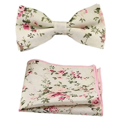 Image of Men&#039;s Luxury Cotton Pre tied &amp; Fully Adjustable Bow Tie Pocket Square Set (Cream Floral) suitable for formalwear, office, weddings, parties, grooms groomsmen outfits
