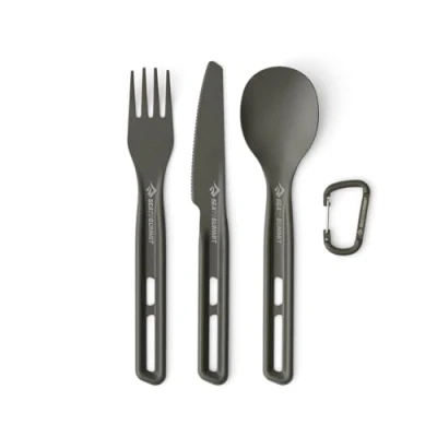 Image of Sea to Summit Frontier Ultralight Cutlery Set 1 Person, 3 Piece Camping Fork, Spoon &amp; Knife + Carabiner Lightweight Hard Anodised Aluminium Dinnerware Smooth Matte Finish 26g